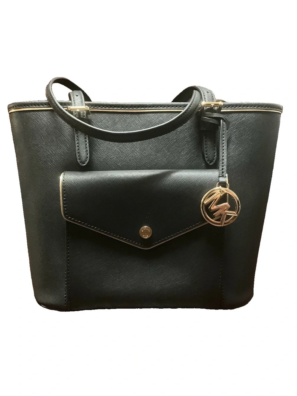 Michael Kors Saffiano Frame Black Leather Gold Tote Bag Medium – NWT